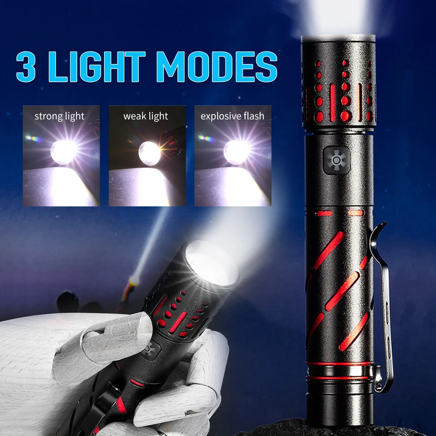 Powerful LED Flashlight with Clip Super Bright Rechargeable Zoomable Torch Aluminum Alloy Outdoor Emergency Light 18650