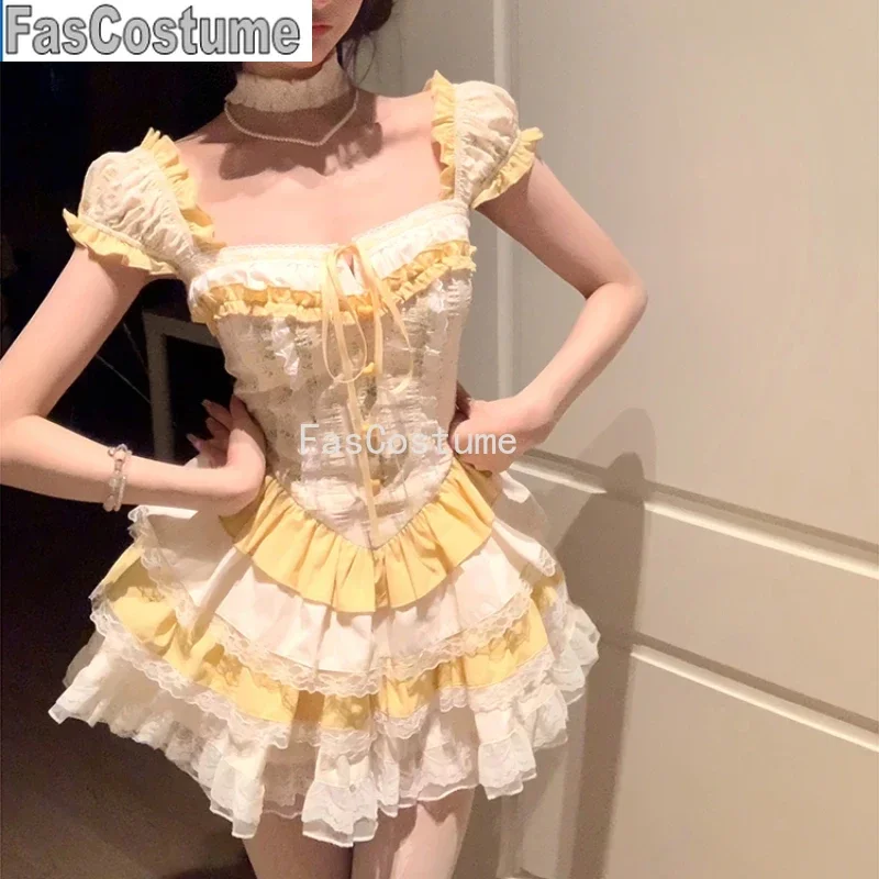 

Sweet Lolita Party Mini Dress Women Kawaii Y2k Lace Ruffles Puff Sleeve Slim Princess Dress Female Korean High Waist Dresses
