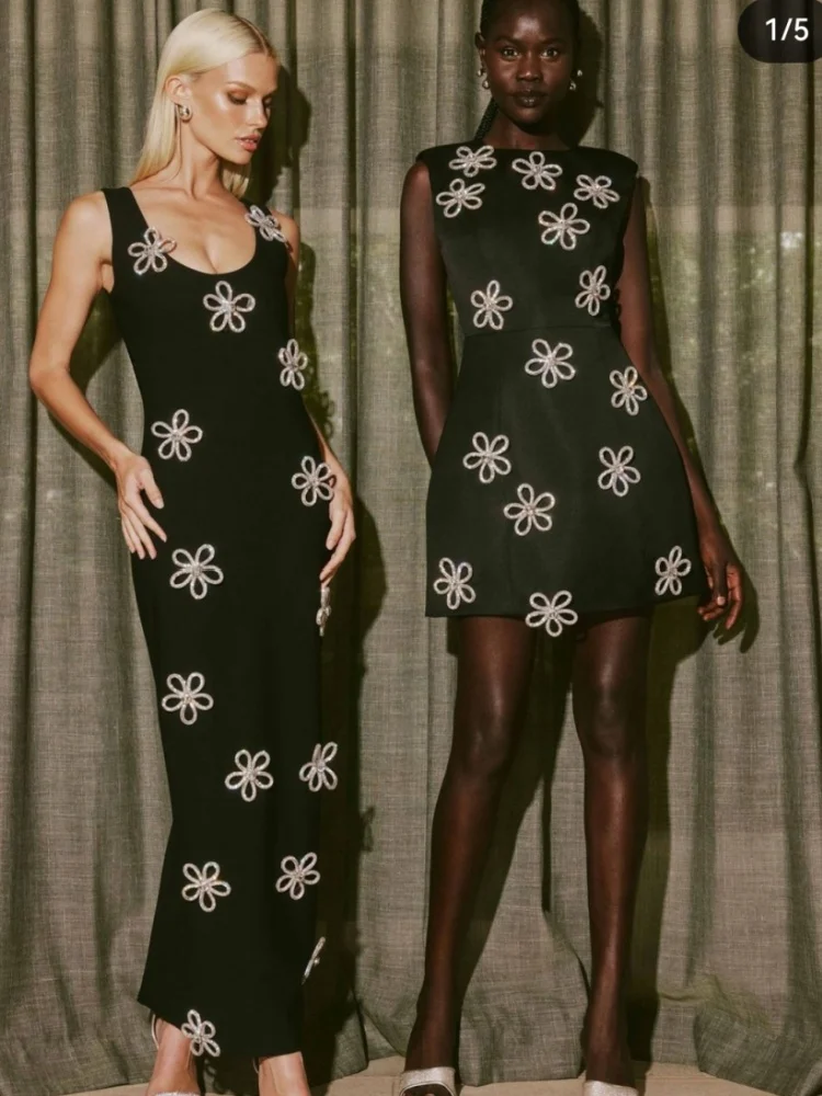

Top Quality Shinning Diamond Flowers Women Sleeveless O-Neck Bodycon Bandage Long Dress Celebrate Evening Party Runway Outfit