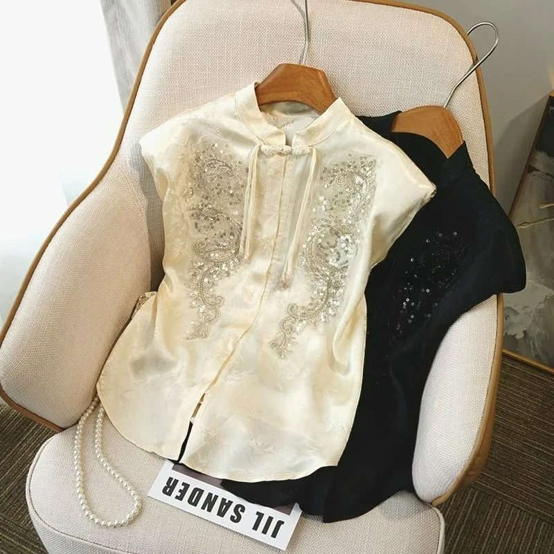 

New Chinese-style Sequined Embroidered Shirt Women Summer High-end and Elegant Chinese-style Tang Suit Sleeveless Satin Vest Top