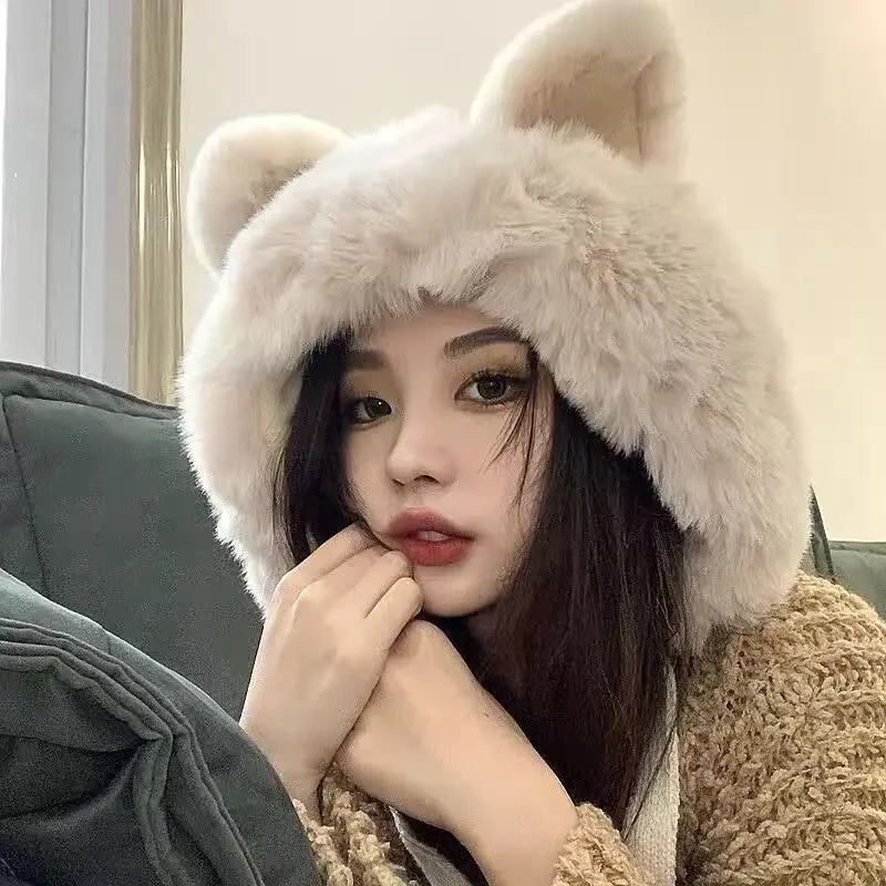 Korean  Cute Fox Cat Ear Plush Ear Protection Winter Hat Women Pom Pom Female  Faux Fur Velvet Thickened Cycling Warm Bomber Hat