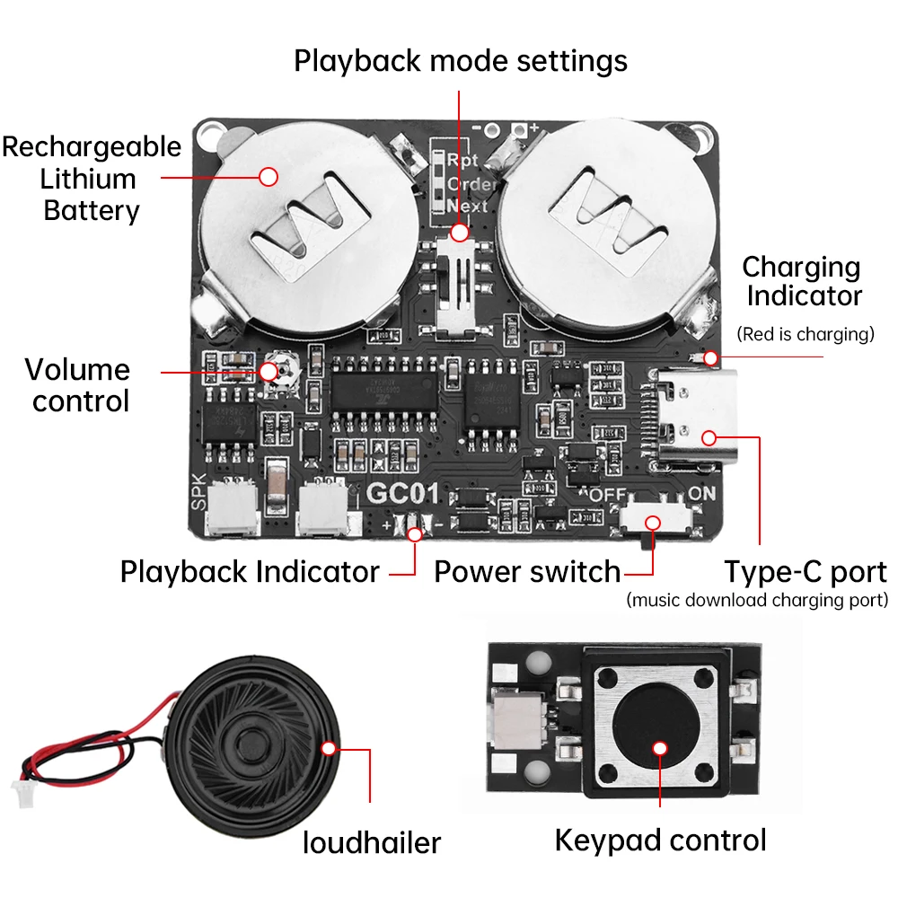 DIY moduł karty z życzeniami muzycznymi moduł odtwarzania dźwięku MP3 z głośnikiem pamięć 8M z przełącznikiem kluczykowym TYPE-C