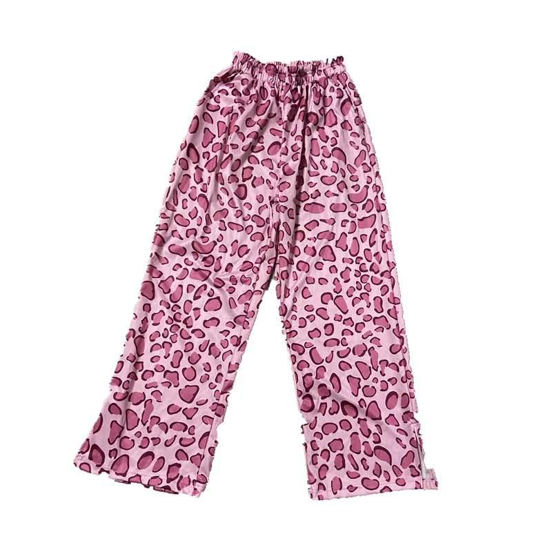 Y2k Women\'s Pants Pink Leopard Print Wide Leg Pants Summer Casual Loose Split Trousers Ins Fashion Trends Women Clothing