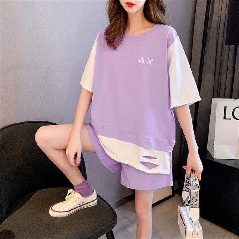 2 Piece Sets Women Summer Trendy Hole Cute Anime Print Patchwork Short Sleeve T-shirt Y2K Female Casual Sports Oversized Shorts