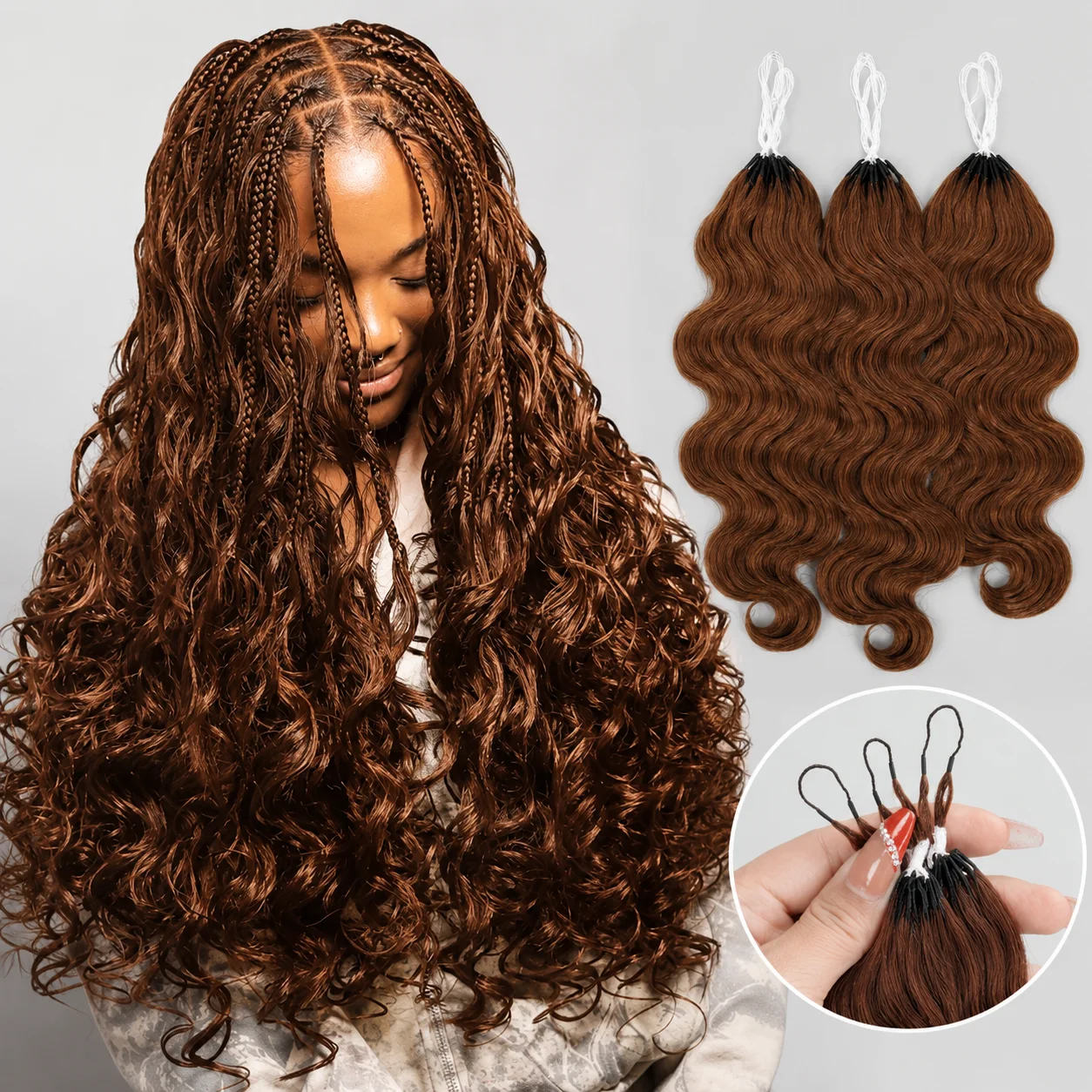 Extensions de cheveux humains au crochet Miracle Knots, ondulés, couleur marron, légers et doux comme des plumes, pour tresses, pour femmes noires, pointes pleines