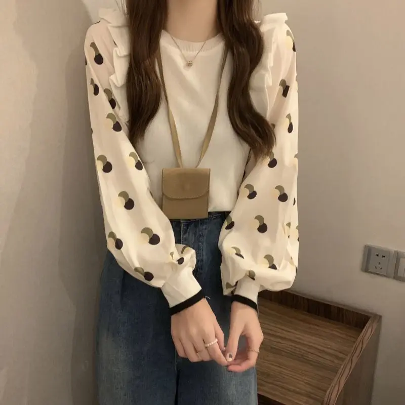 

Ложный шифоновый трикотаж из двух частей с длинными рукавами, весенний новый дизайн, жаккардовая блузка с кружевной отделкой