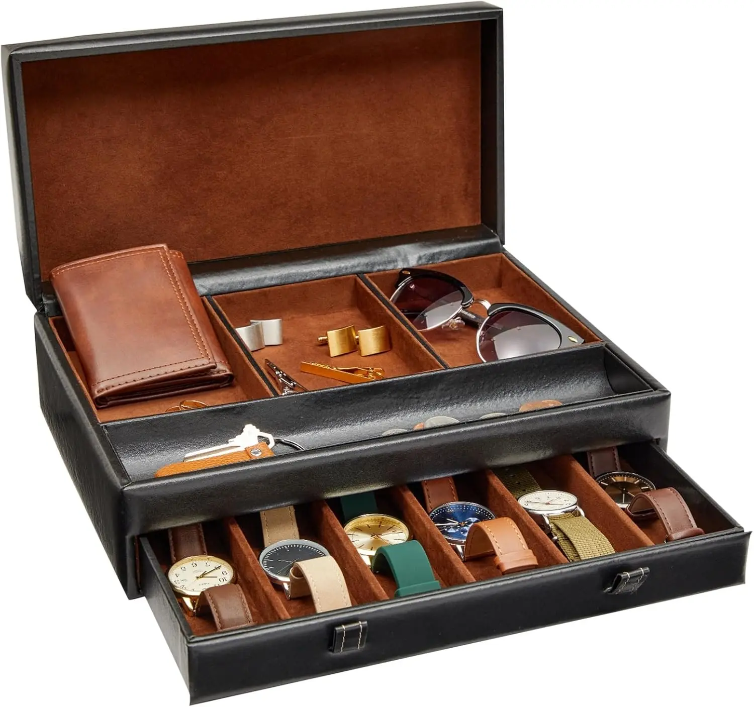 

Mens Jewelry Box Organizer and Holder - Black Watch Box with Leather Valet Tray for Home Improvement - 12.6 x 9 x 4 In - Mens