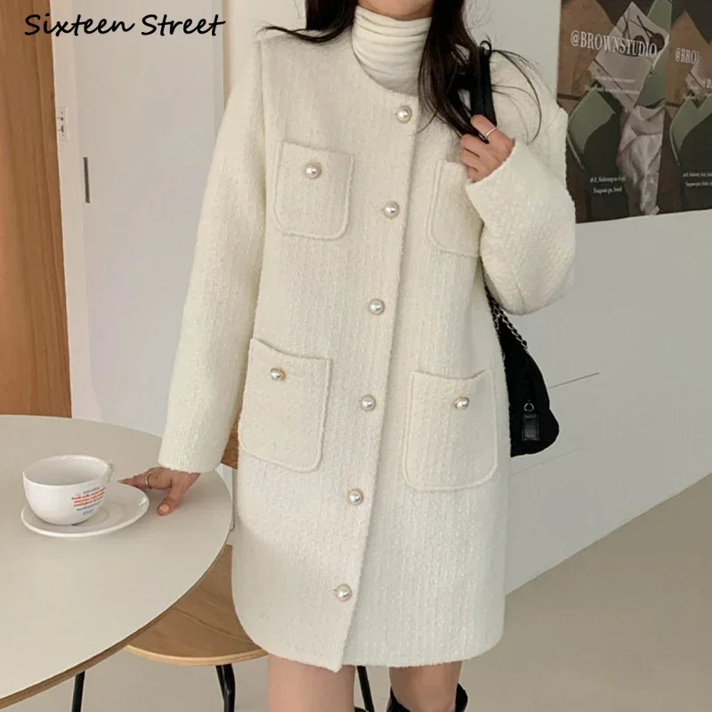 

Chic Elegant Tweed Dress Women Autumn Winter Single-breasted O-neck Woolen Blend Dresses Ladies Business Vintage Clothing