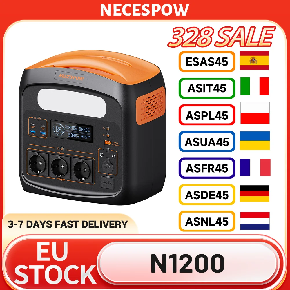 Station d'alimentation portable NECESPOW N1200, batterie LiFePO4 1102,5 Wh, surtension 1800 W/3000 W, 10 sorties, USB-C PD100W, lumière LED intégrée