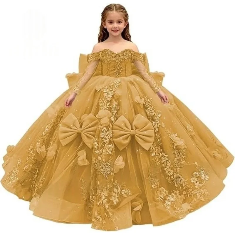 Custom Flower Girl Dress for Wedding First Christmas Party with Off Shoulder Design Floral Embroidery Large Bow Accents and Sequ