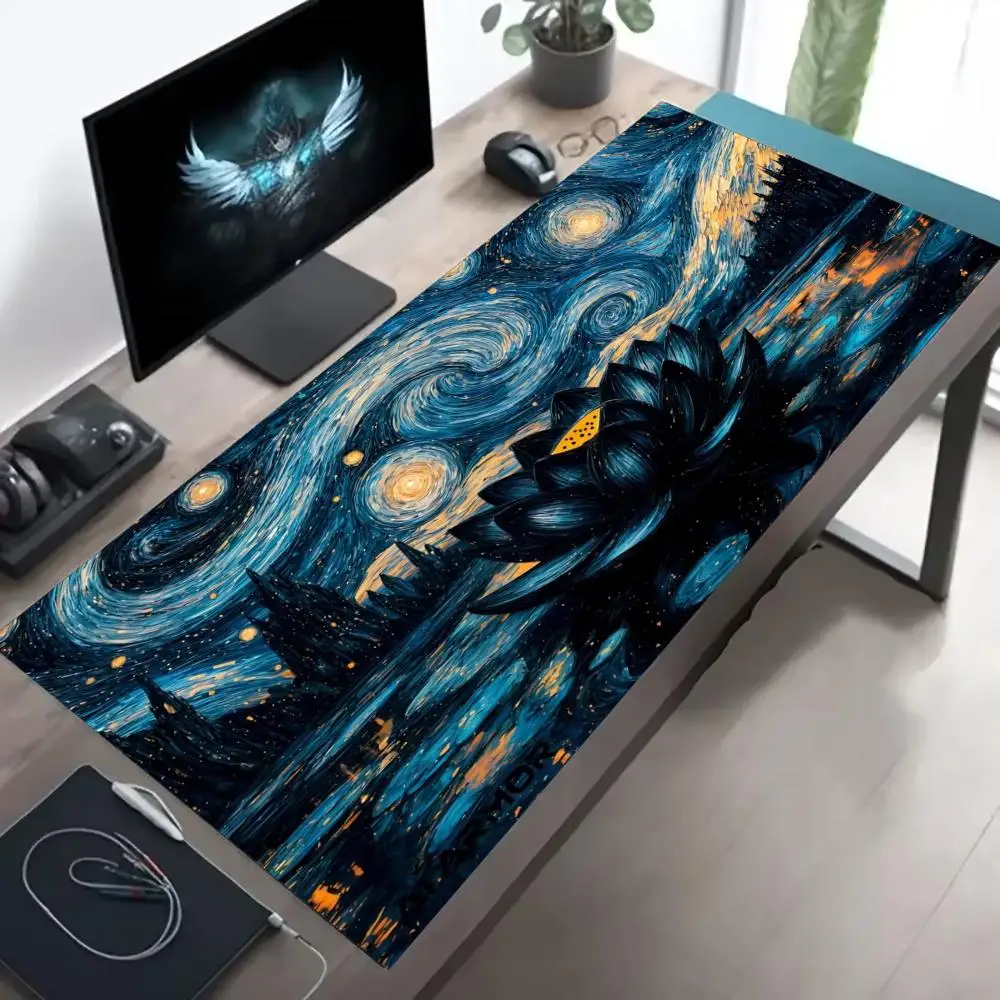 Lotus Van Goghs Gemälde-Stil Mauspad, großes Kunst-Mauspad, Gaming, rutschfestes Tischkissen, Mauspad, Laptop, Tablet, Matte, PC, Spielmatte