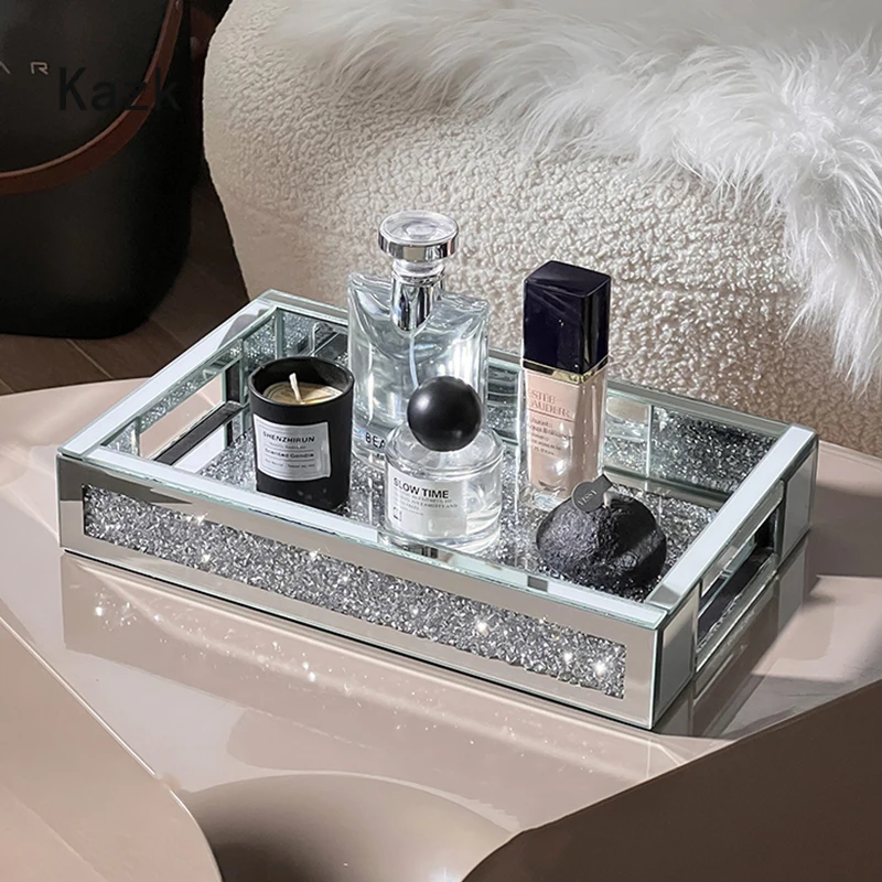 High End Diamond Inlaid Tray Modern Decor Service Tray Home Desktop Skincare Jewelry Organization Storage Trays Decorative