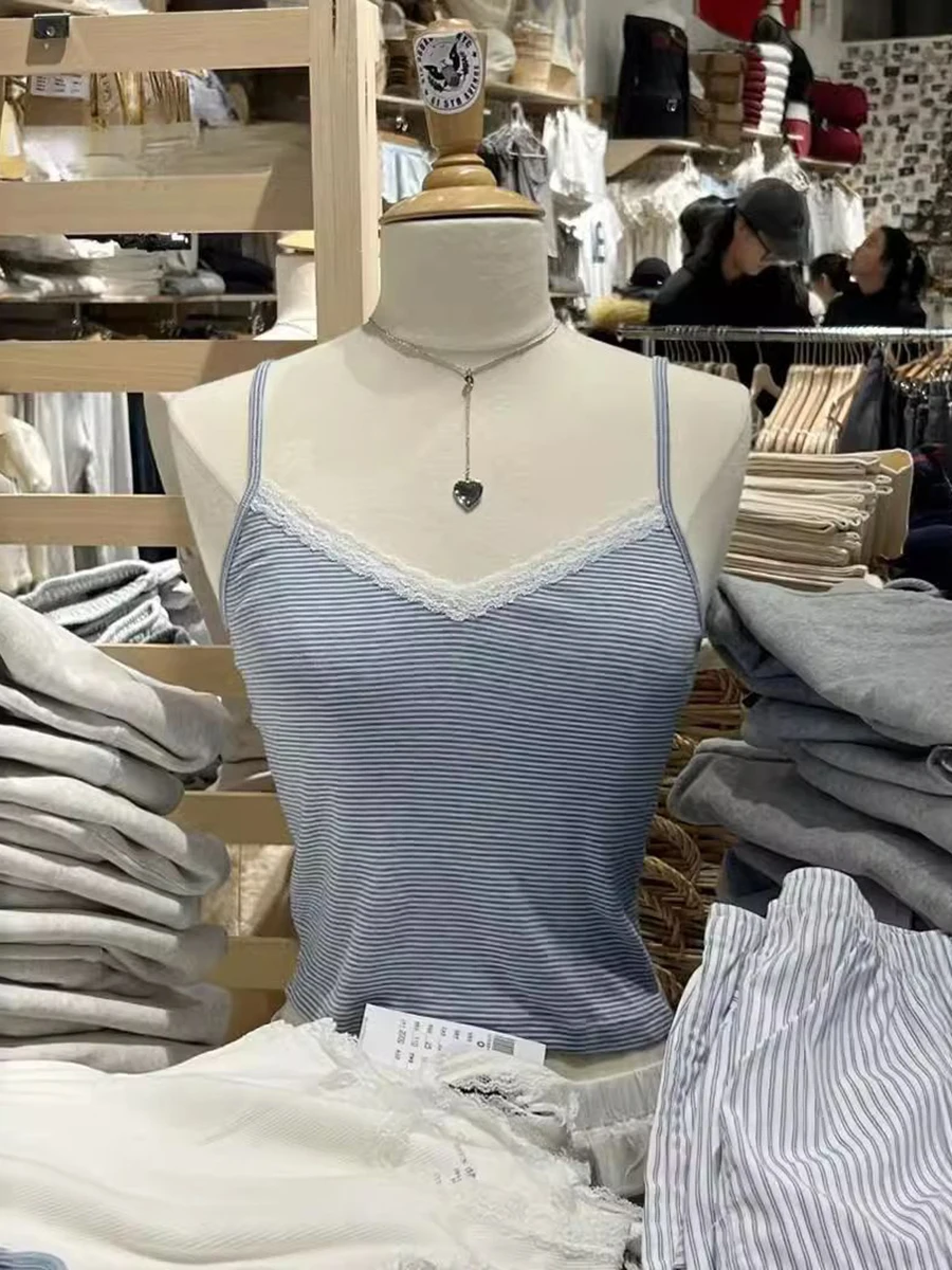 Blue Striped Lace Trim Tank Tops Women New Sexy V-neck Cotton Sleeveless Slim Crop Top Summer Camisoles Vintage Sweet Vests Y2k