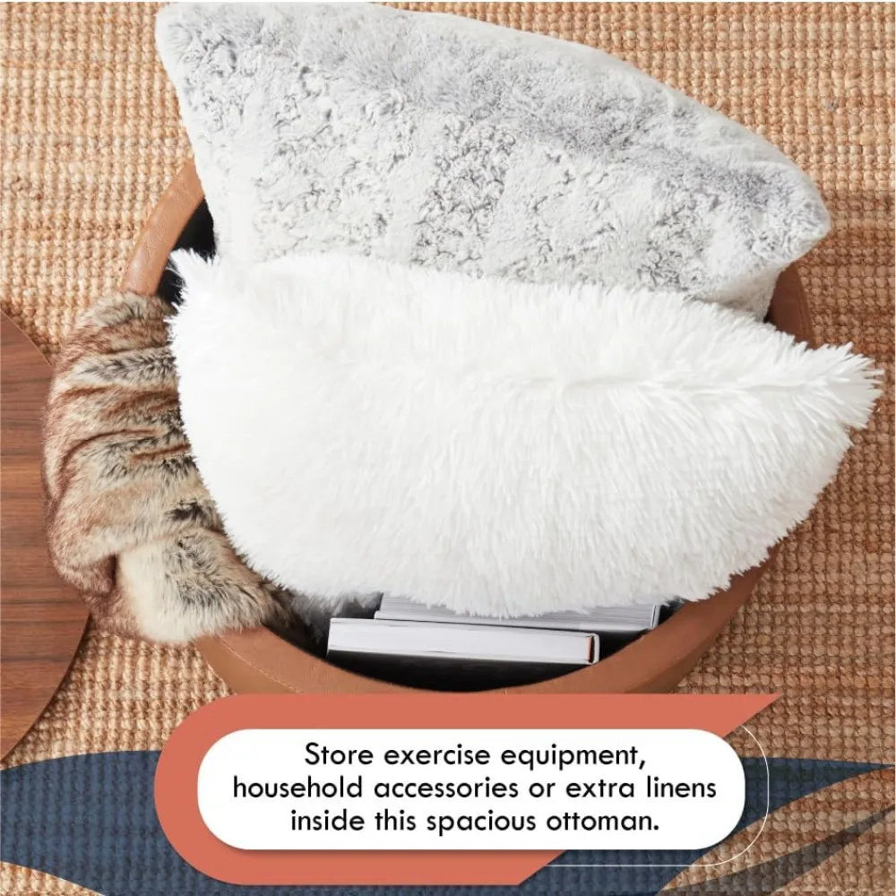 22 Inch Large Round Storage Ottoman with Wooden Lift-Off Lid for Living Room