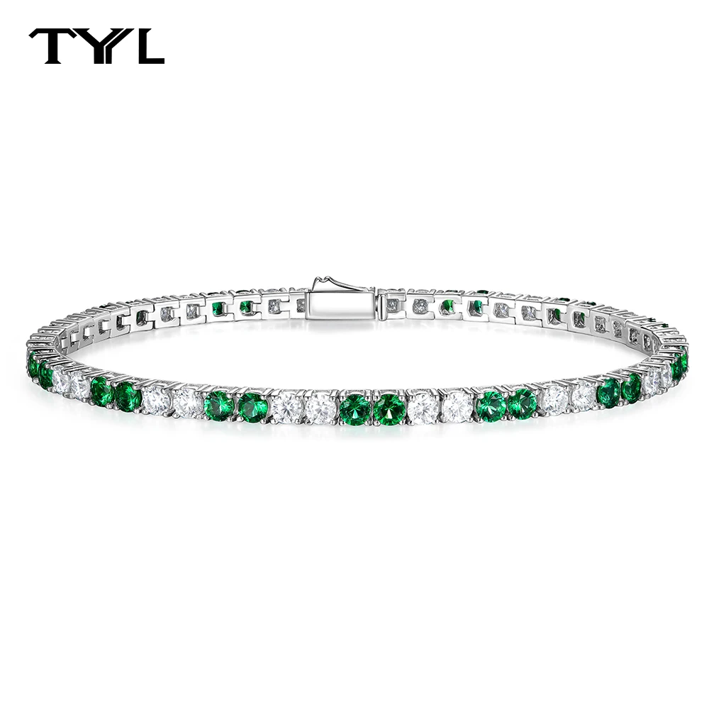 

TYYL Full 3MM D Color Green White Lab Grown Emerald Moissanite Tennis Bracelet for Men Women S925 Silver All Diamond Link Bangle