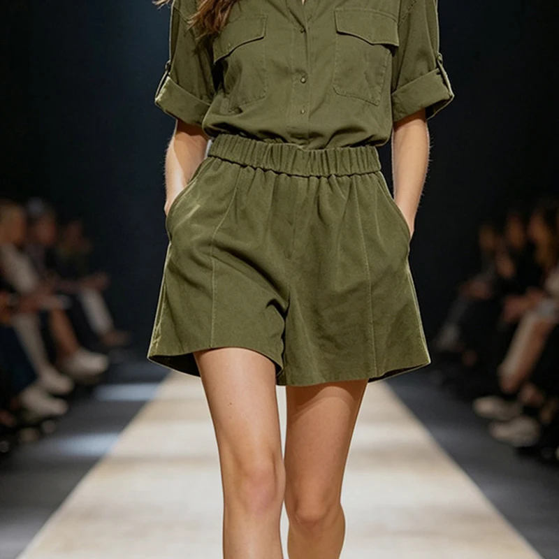 Green Real Suede Leather Shorts for Women Spring Autumn Sheepskin Daily Casual Elastic Waist A-Line Wide Leg Short Pants Boots
