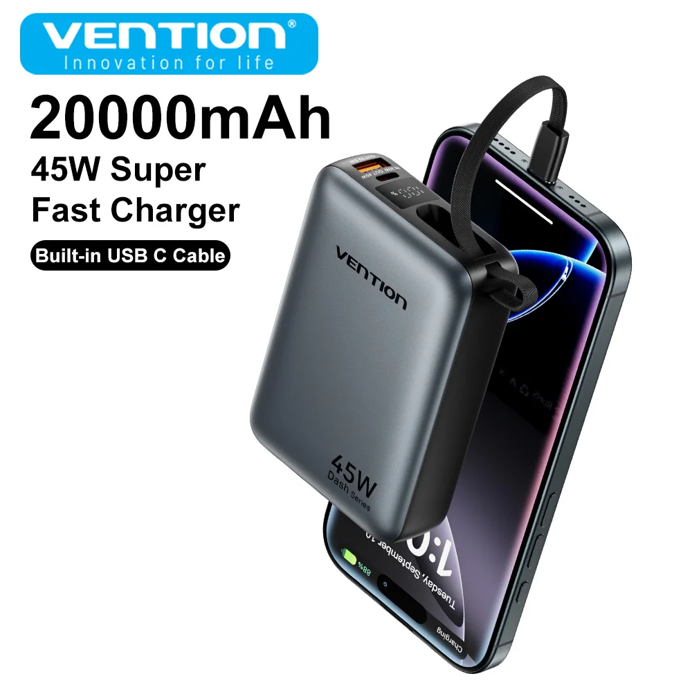 

Vention Power Bank 20000mAh 45W PD Fast Charger with Built-in Type-C Cable External Spare Battery Portable Power Bank for Laptop