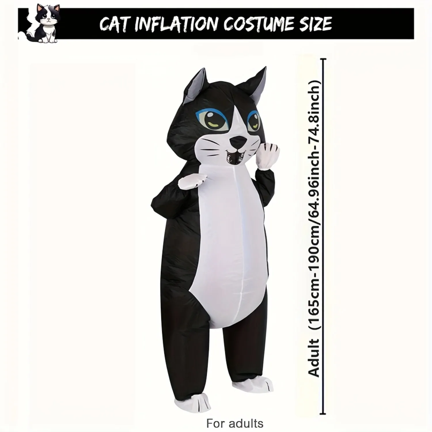 Inflatable Cat Costume Adult, Black White Funny Cat Blow Up Costume with Paws and Ears for Halloween Party, Dress Up Events view 2