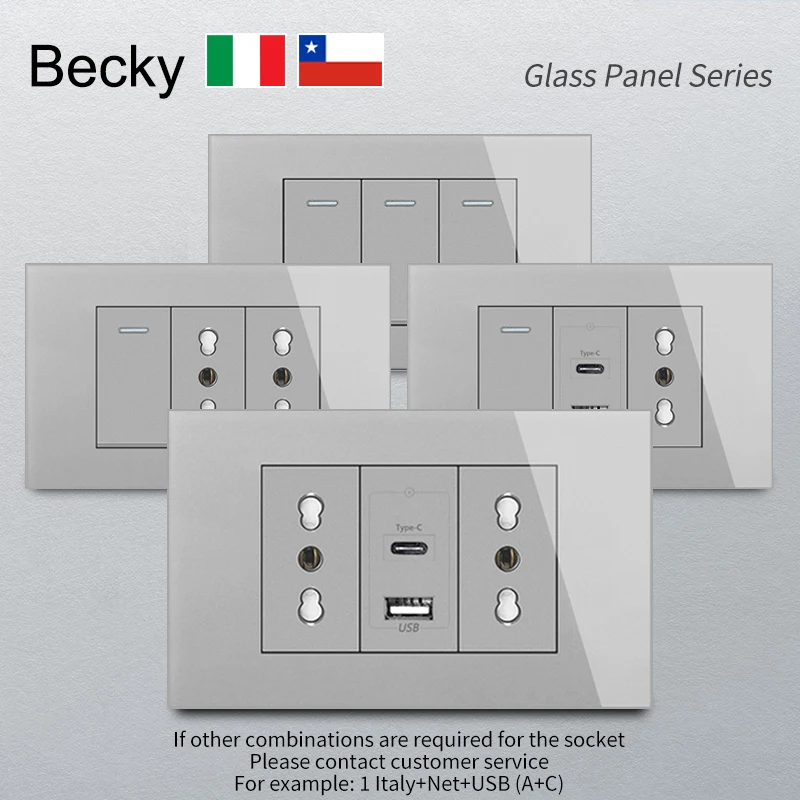 

Gray Italy Standard 3 Hole Glass Panel Switch USB Type-C Socket Chile Wall Switch Socket Net TV Tel Sat Switch Socket 118x75mm