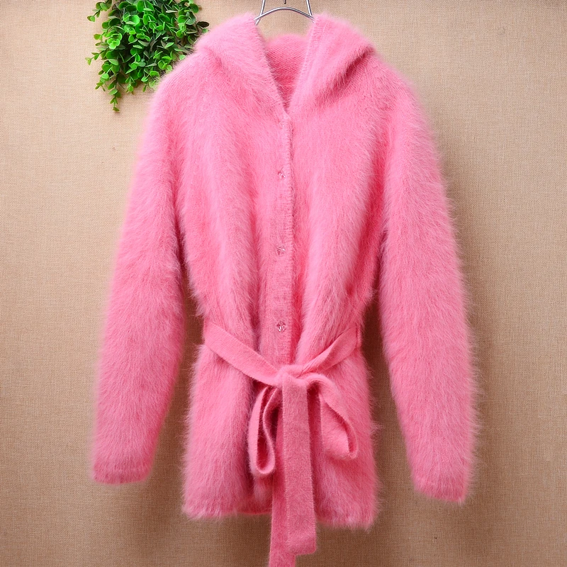 Ladies Women Spring Autumn Clothing Pink Hairy Plush Mink Cashmere Knitted Hooded Long Sleeves Slim Cardigans Jacket Sweater Top