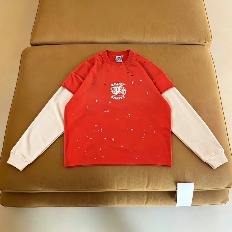 Streetwear TSAINT Tee Tops High Street Washing Do Old Holes Fake Two Long Sleeved T-shirts Y2k