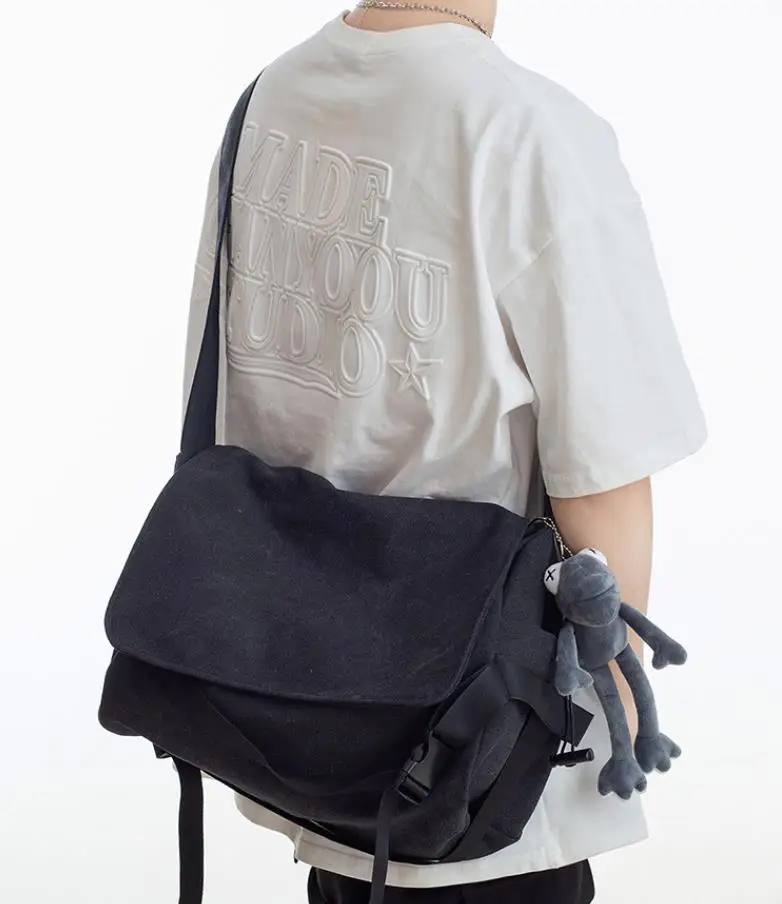 Einfarbige Umhängetasche aus Segeltuch mit Flip-Cover für Herren, einfache Umhängetasche, lässige Schultaschen für Studenten, Umhängetasche für Teenager – Detail 10