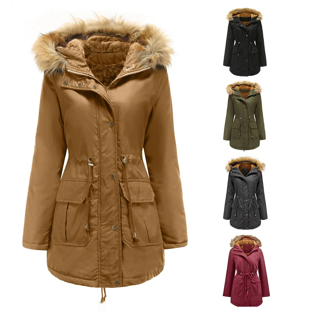 Chaqueta de invierno para mujer, abrigo largo grueso de felpa liso y cálido para invierno, abrigo Parka de piel con capucha a prueba de viento para