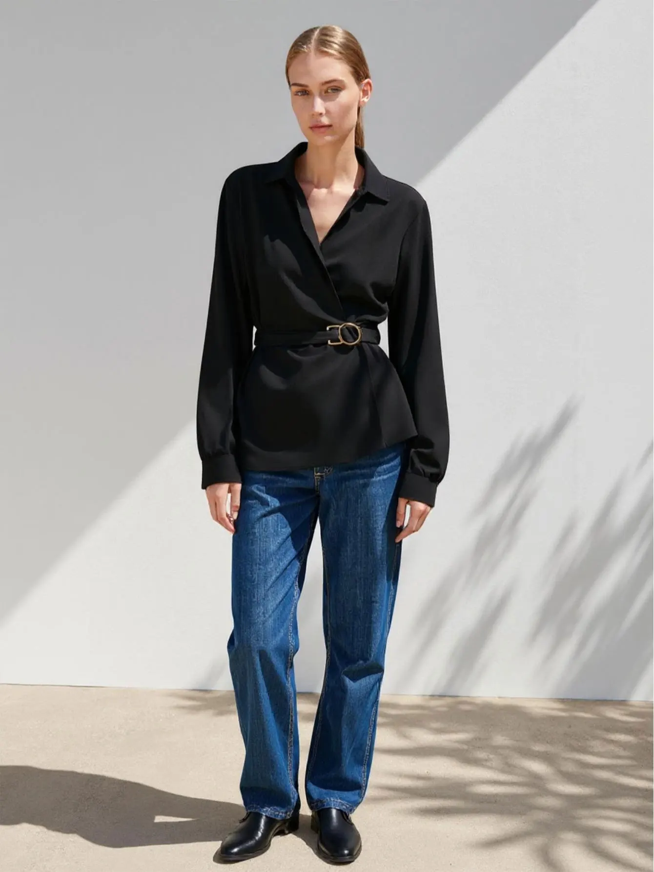 Women's Long Sleeve Shirt French Plain Lapel Regular Fit Office Lady Top for Autumn