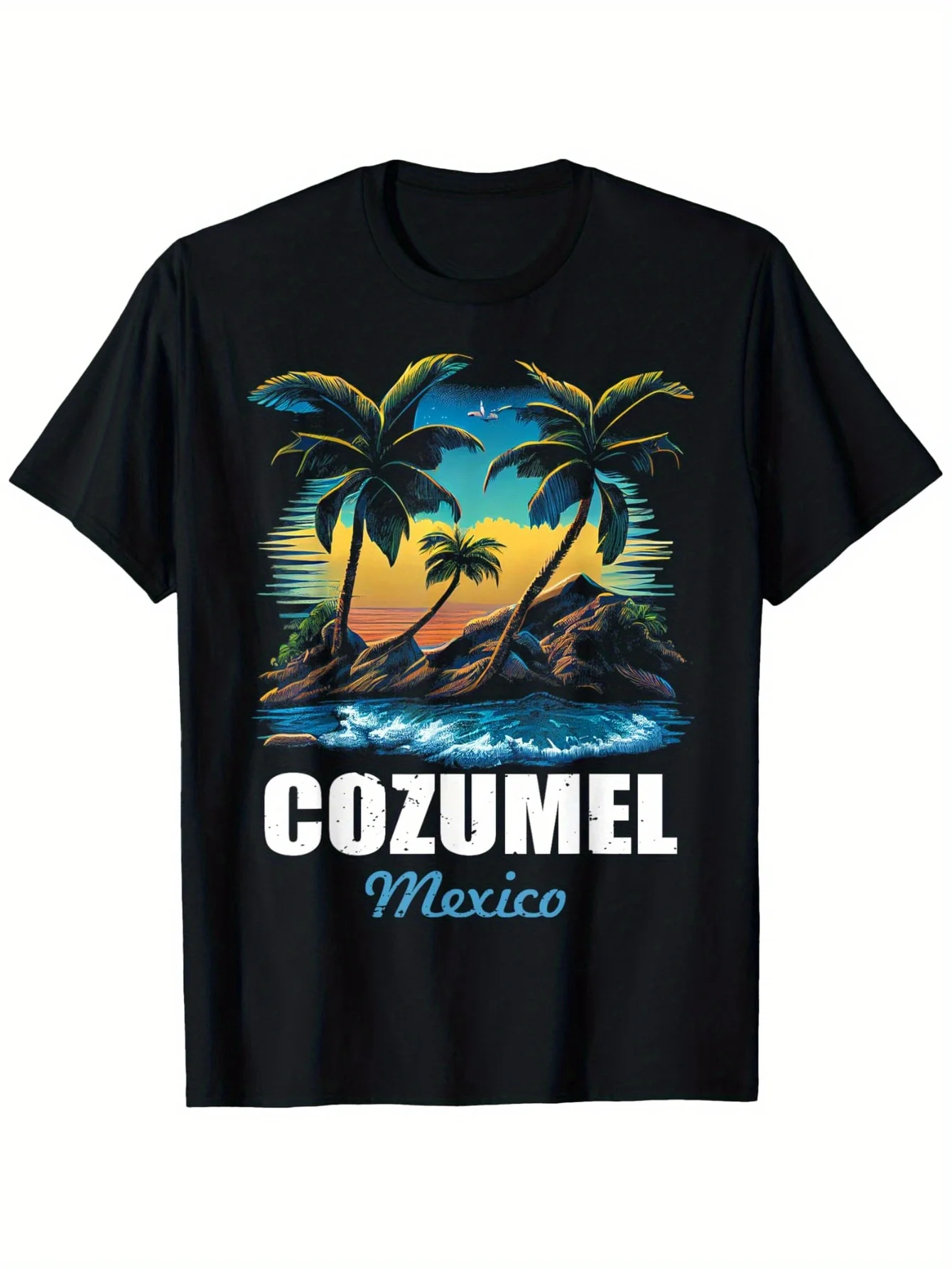 Vacation Men's Black Graphic T-Shirt Tropical Palm Tree Ocean Sunset Island Coast Cozumel Mexico Travel Vintage Print 100% Cotton Heavyweight Short Sleeve Casual Streetwear Tee