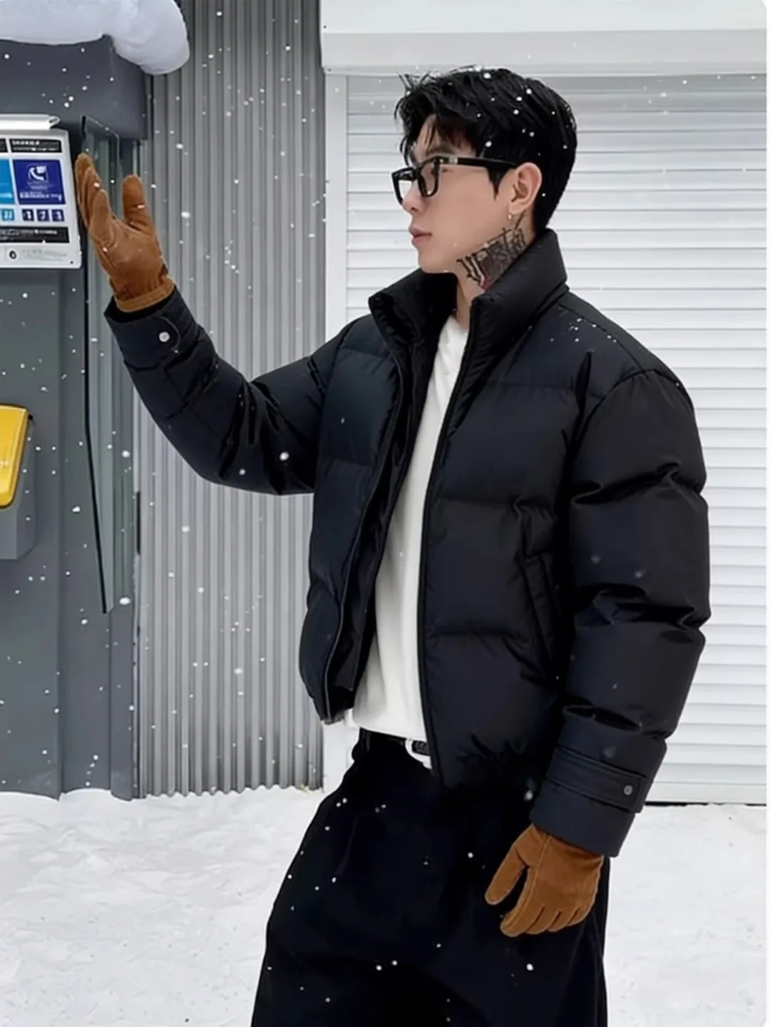 

Bla PU Leather Cotton Jaet Men's Thiened Winter Coat Stand Collar Bread Sle Casual Warm Youth Faion Stand Fit