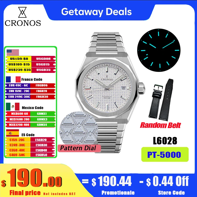 

Cronos Luxury Men Watch 39mm Automatic PT5000 SW200 Wristwatches Sapphire 10ATM See-through Back L6028M V2