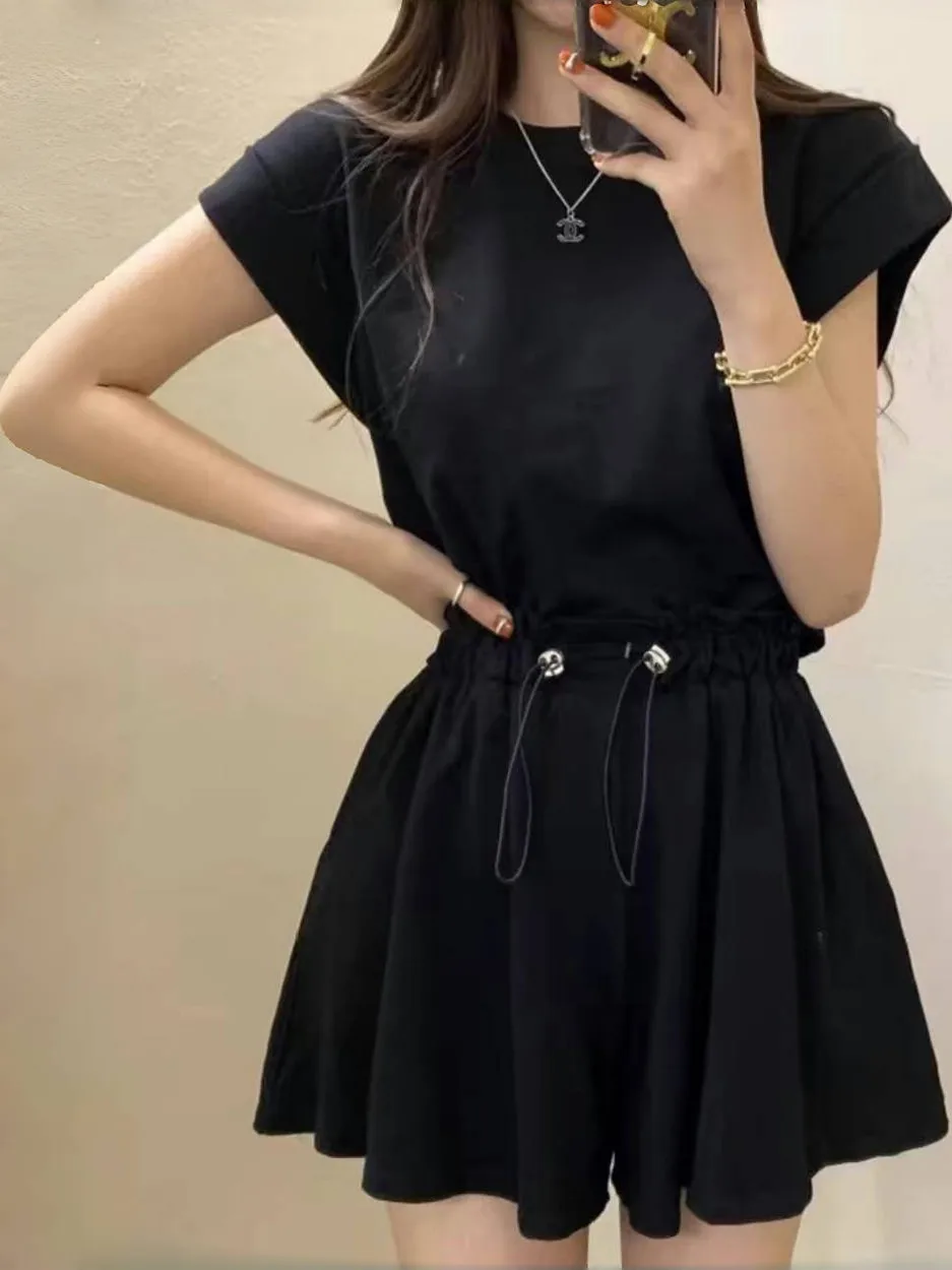 

Summer Faion Women's ort Sve T-irt Dstring High Waist orts Two Piece Set round Ne Post Split Banded Top