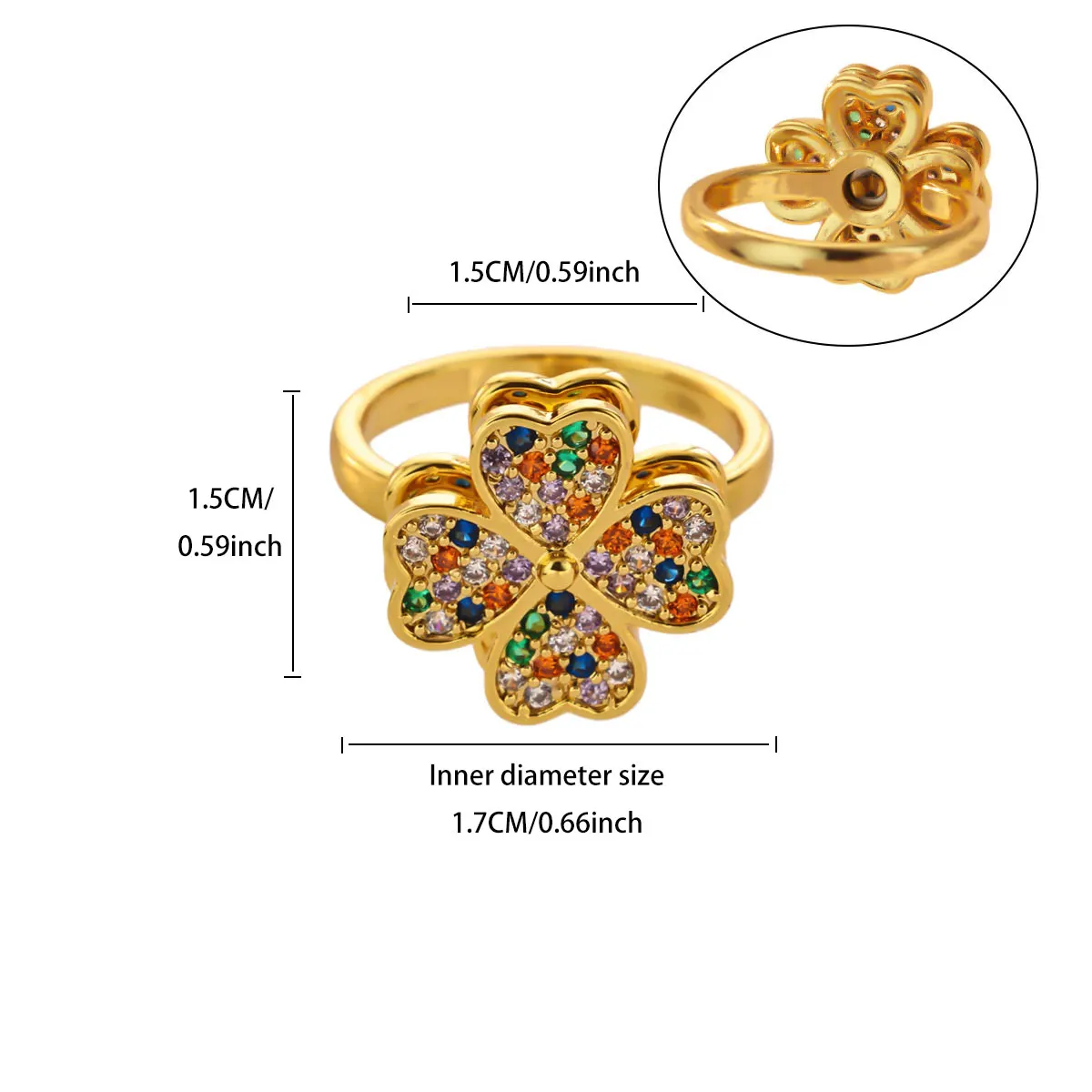 Bunter Zirkon-Herz-Kleeblatt-Offener Ring für Damen, Vergoldeter Kupfer-Ring mit Drehfunktion, Trendiger Ästhetischer Schmuck, Geschenk – Detail 7