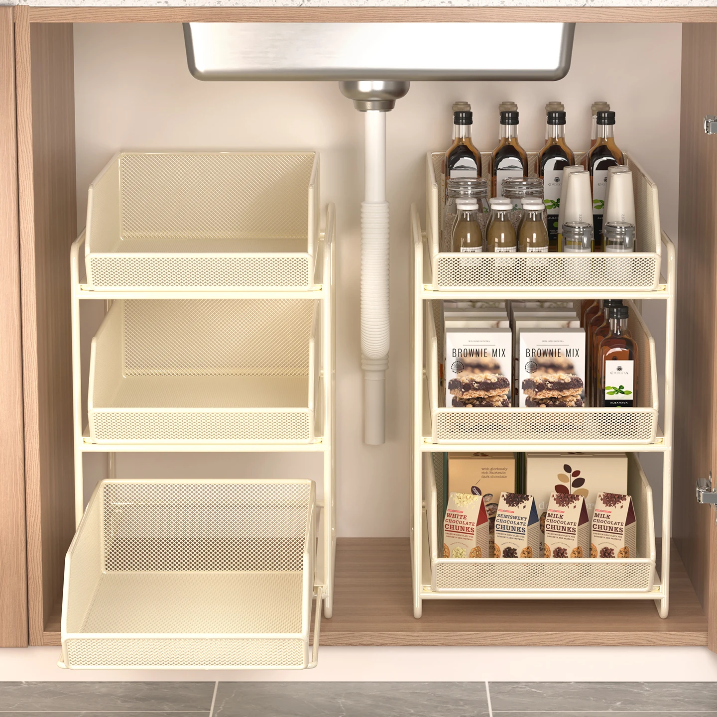 Two Or Three Tier Pull-Out Under Sink Organizer Carbon Steel No-Assembly Cabinet Storage Rack Spices Dishes Cookware Kitchen