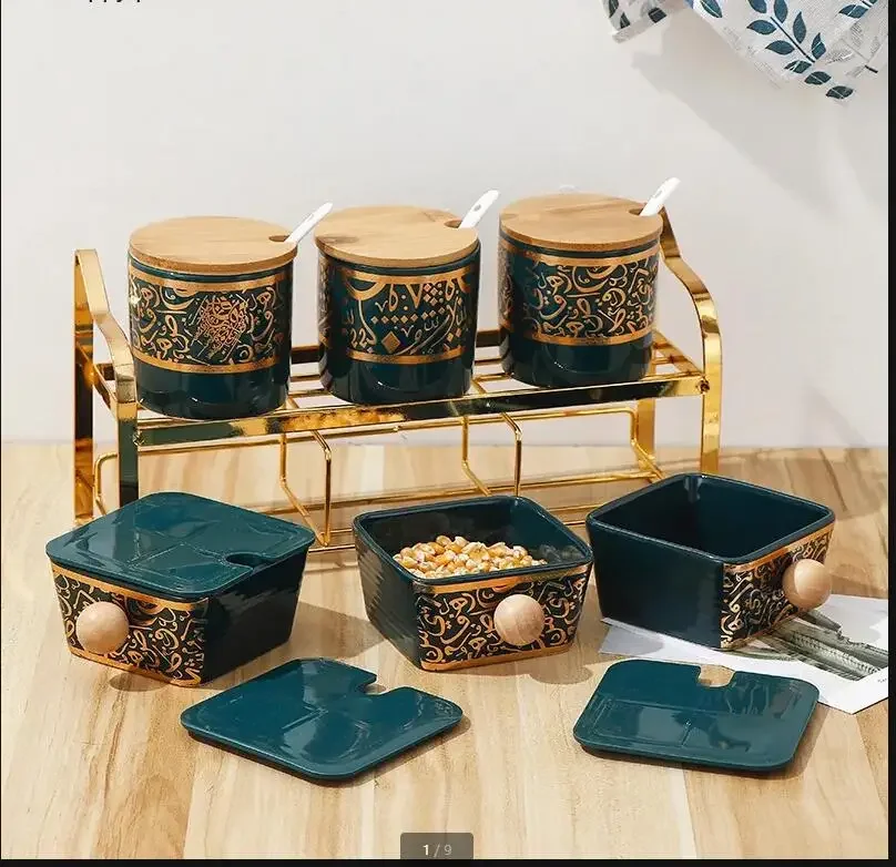 

Ceramic Seasoning Jar Wooden Cover Storage Tank Spice Jar 6 Piece Set Kitchen Storage Supplies Seasoning Box Spice Container