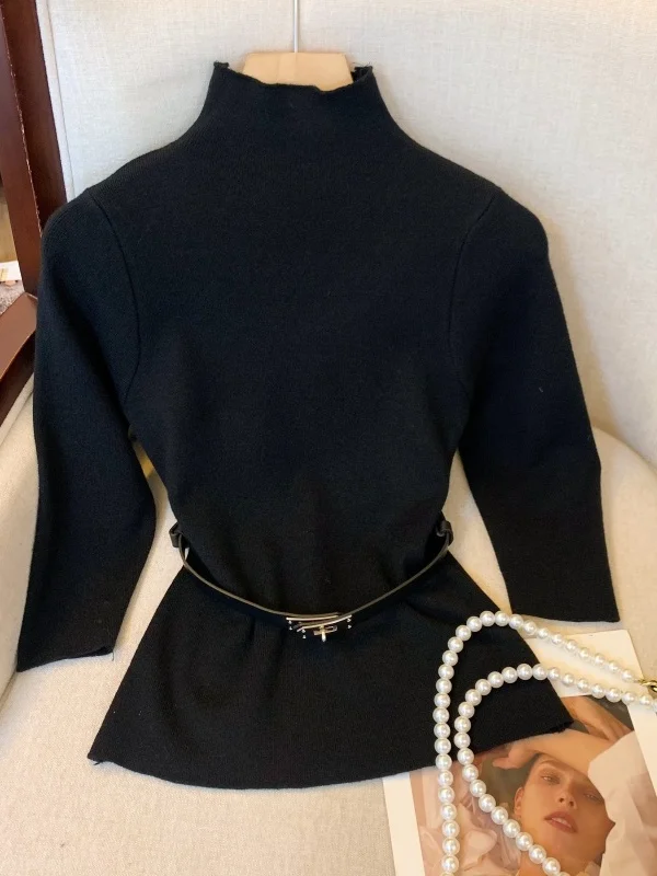 Slim Fit haute Ne tricot pull Base irt femmes automne hiver ceinturé sept Sve à capuche couleur doux Sle chinois fait