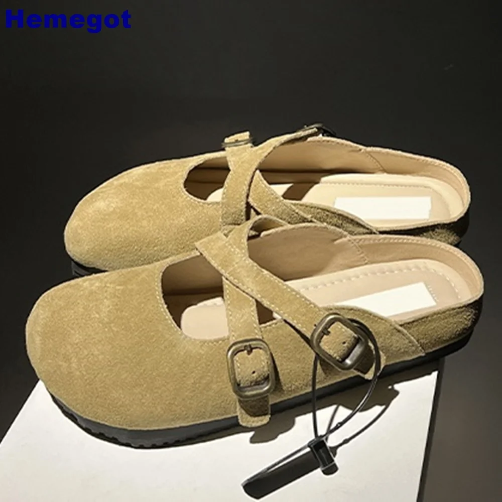 Round Toe Cross Buckle Roman Slippers Summer Retro Outdoor Casual Vacation Flat Slides Slip On Solid Color Fashion for Women