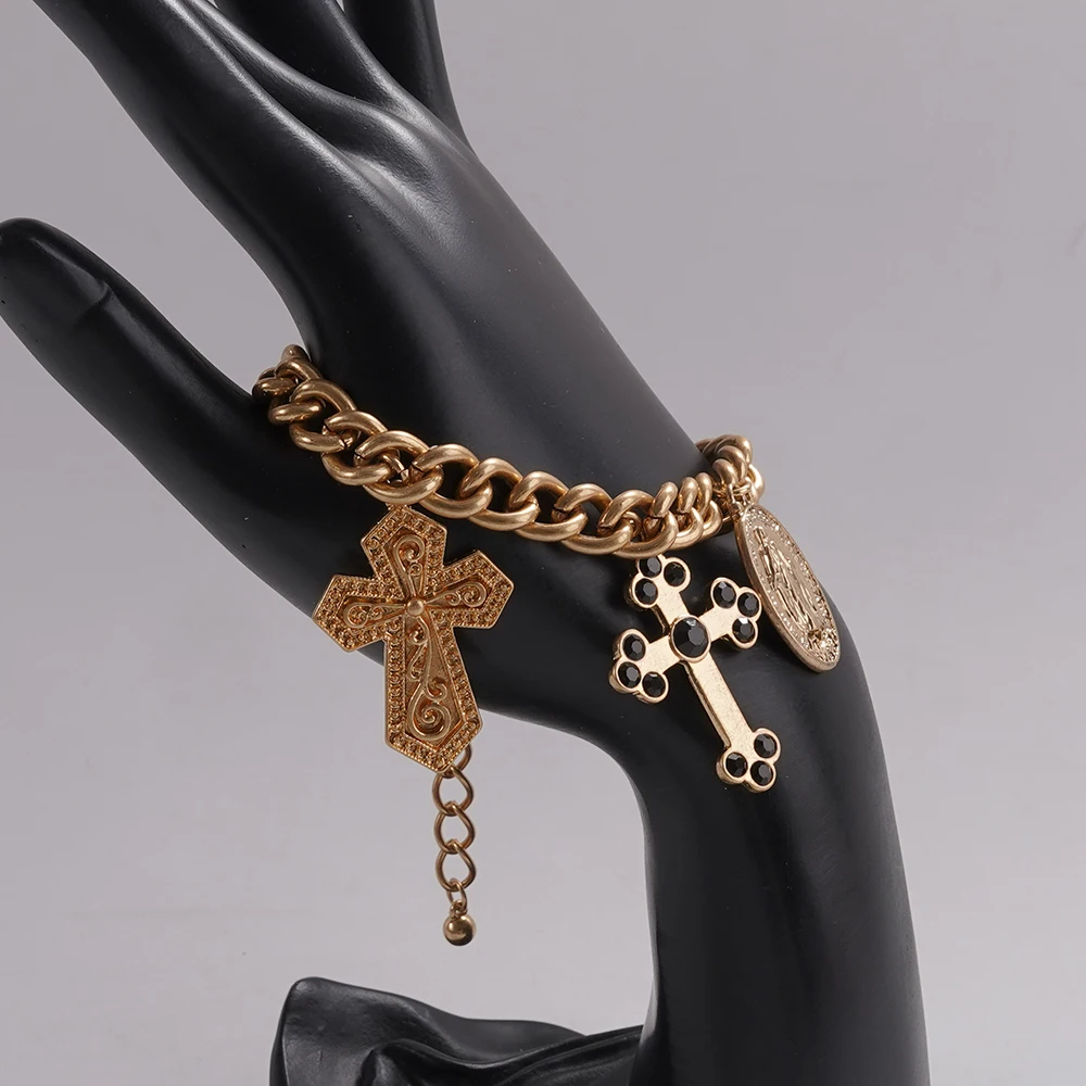 سوار سلسلة ذهبي عتيق مع سحر متقاطع متعدد لهجات كريستال سوداء دينية مريم العذراء قلادة بوهو قوطي #1