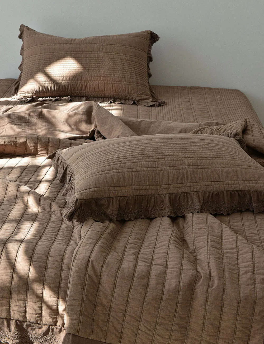 Soft Cotton Plant Enzyme Washed Quilt Set 3PCS Bedding Bedspread with Lace, Multifunctional Solid Color Quilted Duvet Cover 1PC 4