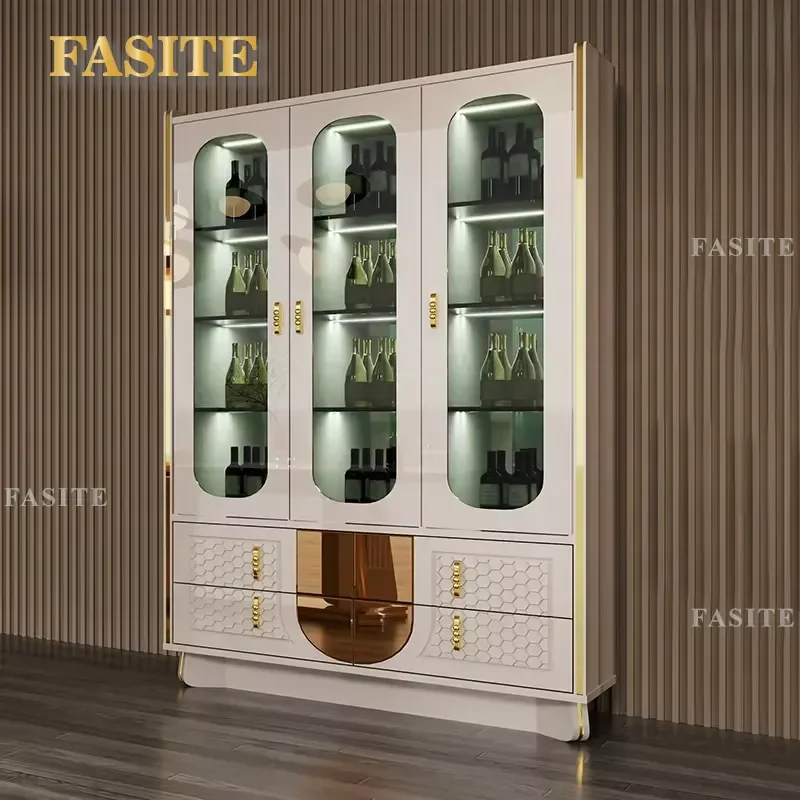For Modern Luxury Wooden Sideboard with Glass Display Showcase Storage Drawers Wine Rack Living Room Dining Room Cabinet