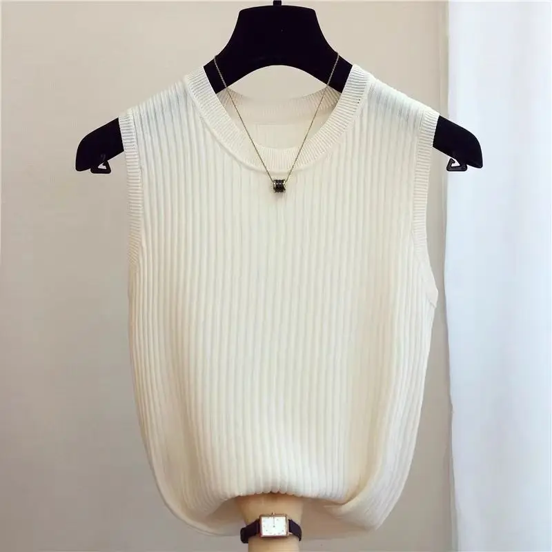 Women's Clothing Summer Camis Tees new round neck vest wide shoulder strap versatile thin sleeveless knitted outerwear Tanks Top