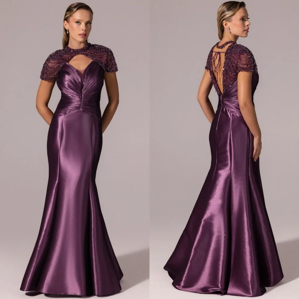 

Customized High Quality Charmeuse Sequined Pleat Trumpet Scoop Neck Long Dresses Bespoke Occasion Exquisite