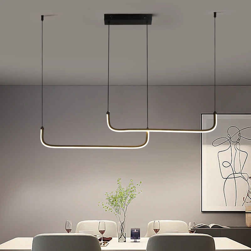 Modern Pendant Light For Kitchen Living Room Fixture For Dining Room Adjustable Minimalist LED Height Black Linear Hanging Lamp