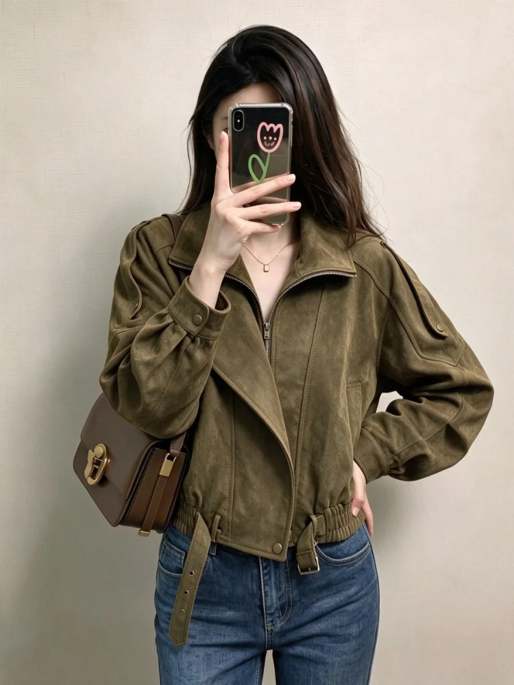 Retro Short Jacket Women's Zipper Biker Style Autumn New Small Size Cool And Stylish Polyester Fiber Long Sleeve Coat