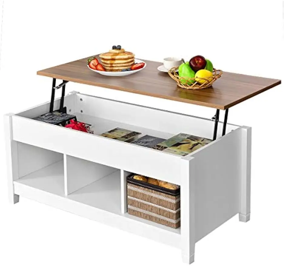 41 Inch Wood Lift-top Coffee Table w/Hidden Storage Compartment and 3 Separated Open Shelves, Easy Lift Up