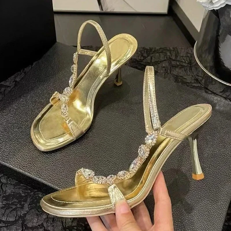 

Luxury Gold Crystal Designer High Heeled Sandals Women Fashion Square Toe Party Wedding Shoes Elegant High Heels Sandalias Mujer