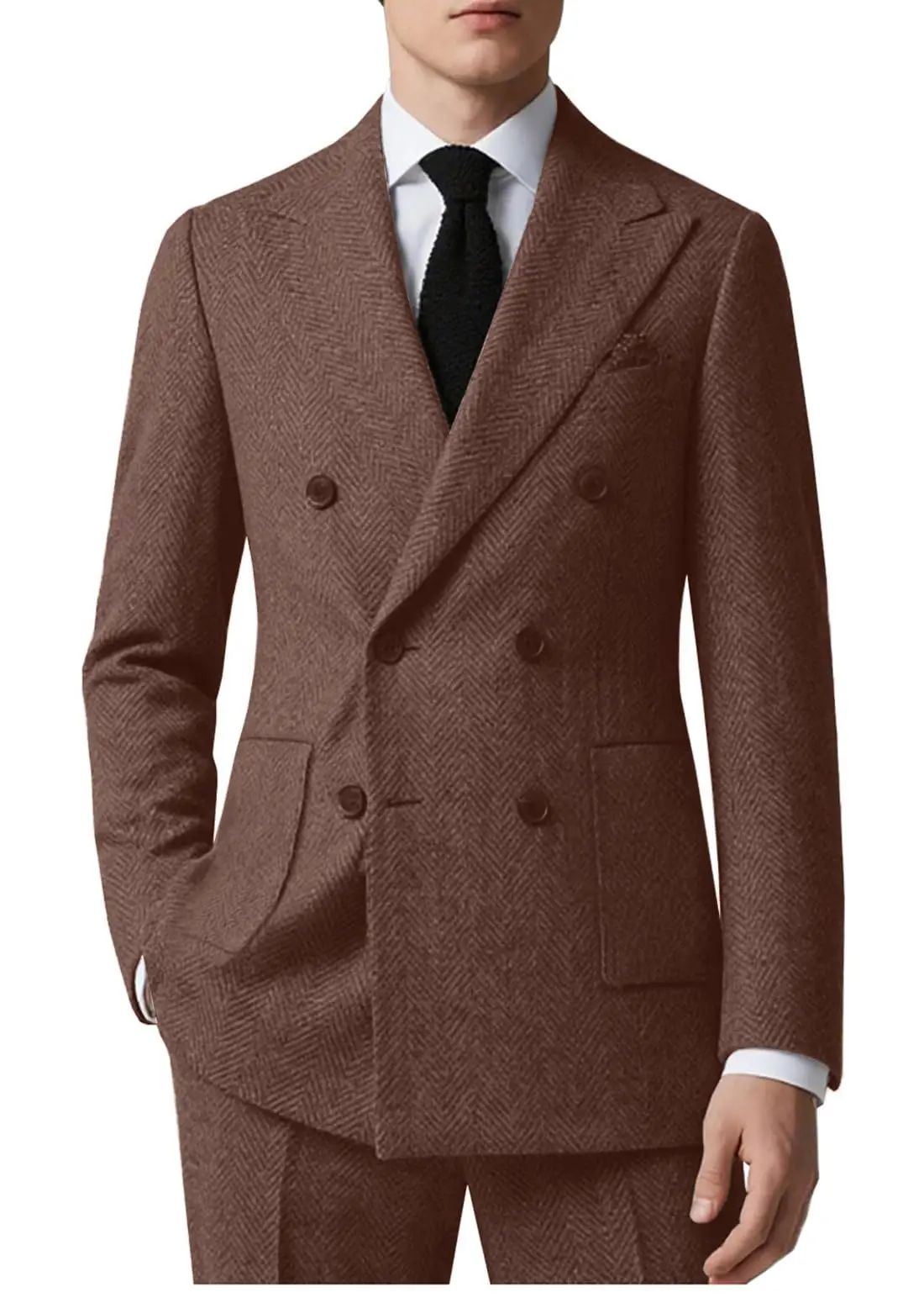 

Retro Slim Fit Men's 2-Piece Suit Double Breasted Tweed Herringbone Blazers Formal Wedding Tuxedo Jacket with Pants Set