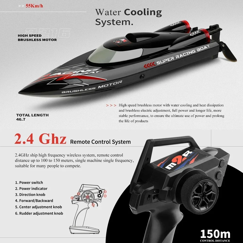 WLtoys WL916 WL915-A RC Boat 2.4Ghz 55KM/H Brushless High Speed Racing Ship 2200mAh Remote Control Speedboat Toys For Adults