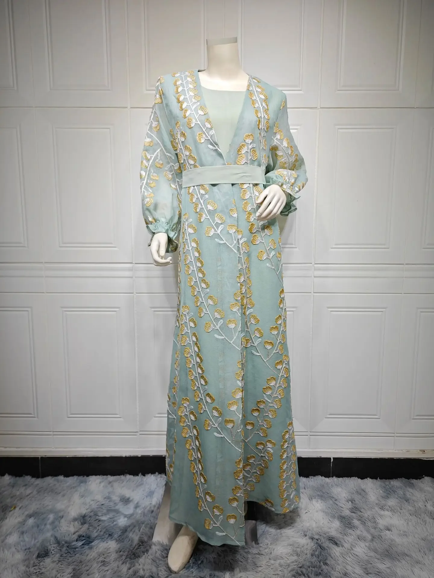 Vest Set Jurk Dubai Elegante Lange Jurk Moslimvrouwen Manchet Verzameld Abaya Gewaad Dameskleding