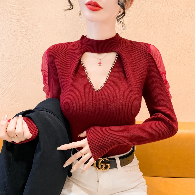 Damen Long Sve Hollow Out Strickwaren Me Splicing Design Winter Warm Base Irt Herbst Winter f Pullover mit hohem Kragen